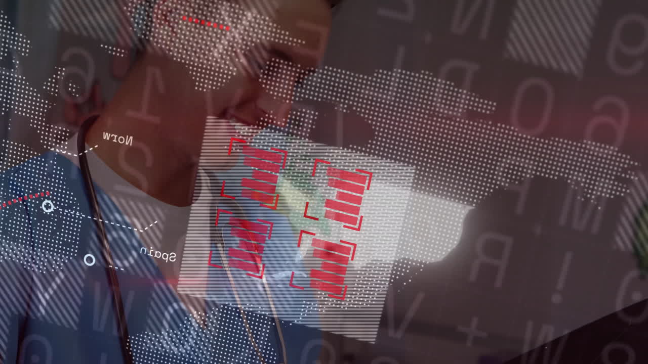 Male doctor wearing stethoscope using tablet in office, displaying world map with red bar charts