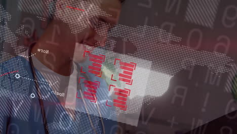 male doctor wearing stethoscope using tablet in office, displaying world map with red bar charts
