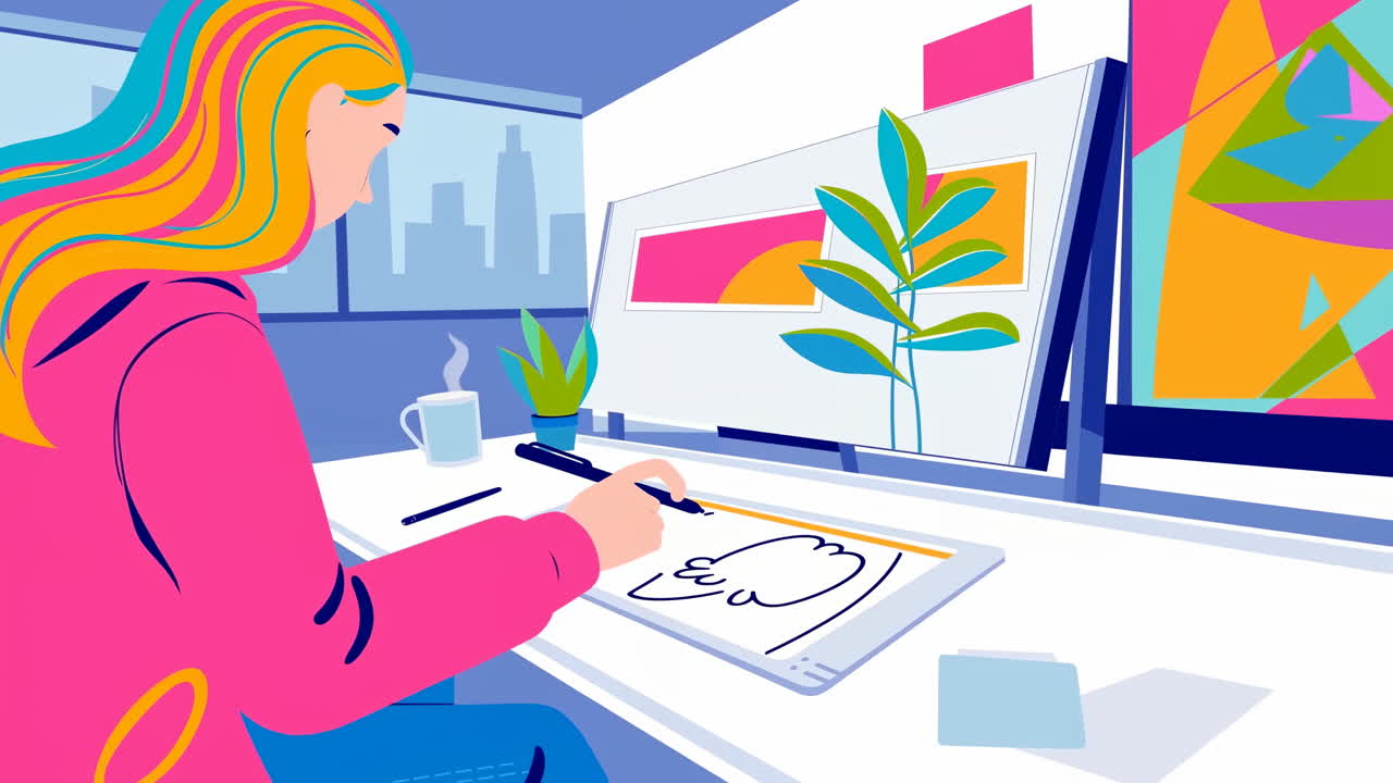 Animated Woman Drawing Digital Art on Tablet in Modern Office