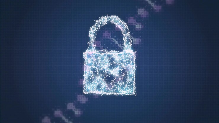 Network icon coalescing into cloud becoming padlock on encryption cue, forming shield securing data