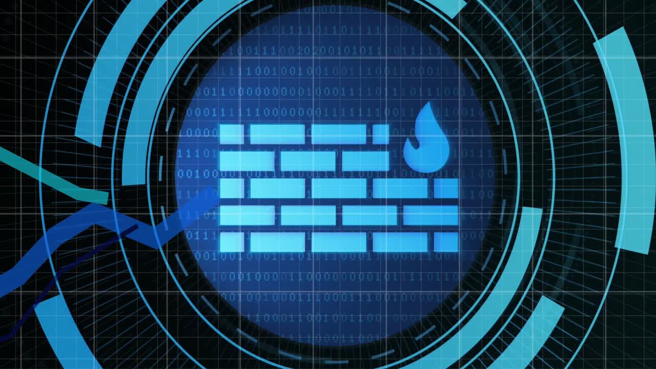 Animation of scope scanning with wall icon and graph over data processing on black background
