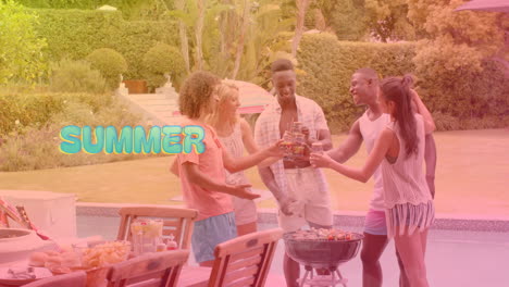 having barbecue by pool with friends, enjoying summer party with text animation