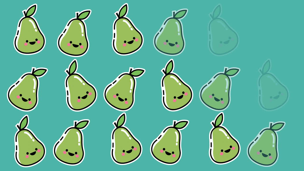 animación de íconos de peras felices sobre un fondo verde