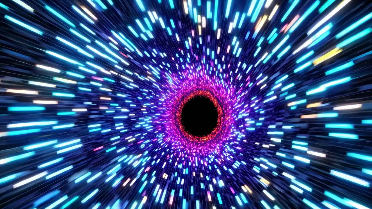 Glowing neon lights swirling into a mesmerizing vortex, creating an enchanting journey through space and time, filled with vibrant colors and dynamic movement that captivates the imagination