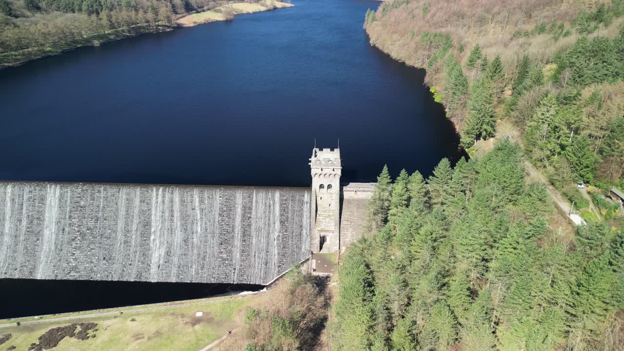 Wide aerial sliding shot of Derwent Dam, home of the Dam Busters practice during the second world war