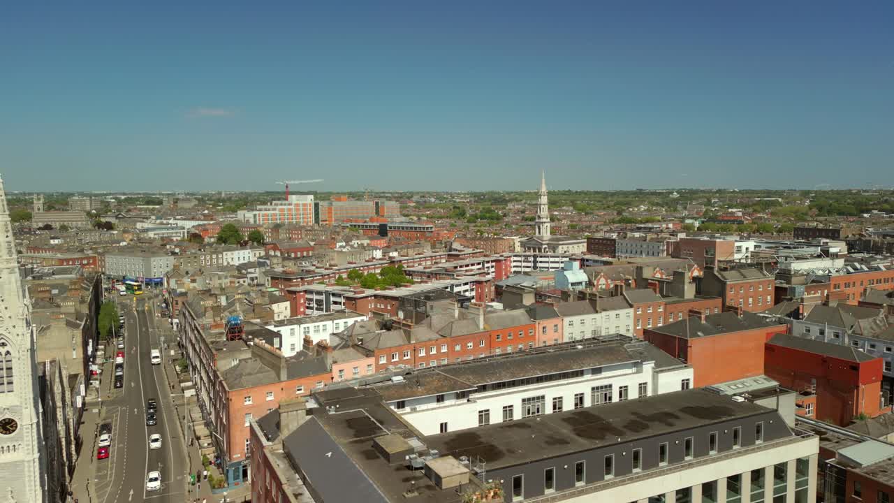 Aerial video of Abbey Presbyterian Church, Parnell Street and the surrounding area in Dublin City Centre, Ireland on a bright and sunny day. Filmed in 4K, 60FPS and with Rec709 color.