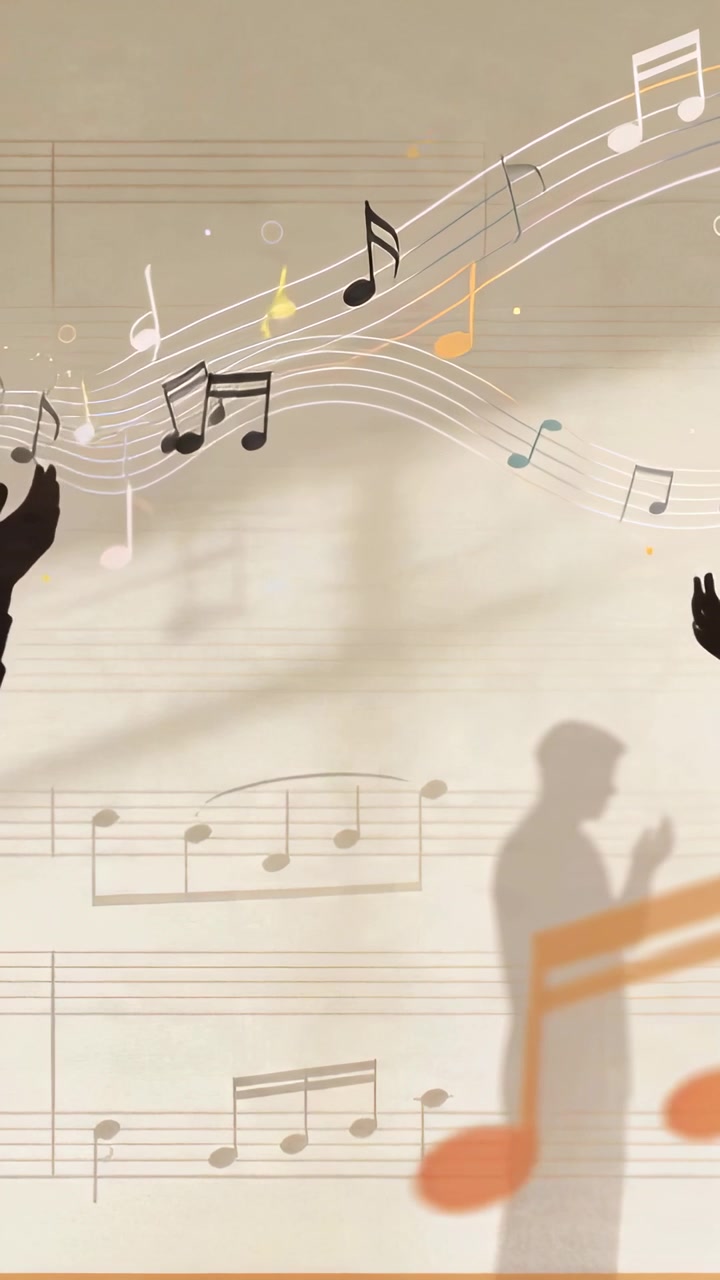 Vertikales Video: Stehende Figur reagiert auf einsetzende Musik, hebt Hände an einer Wand, mit orangefarbener Note