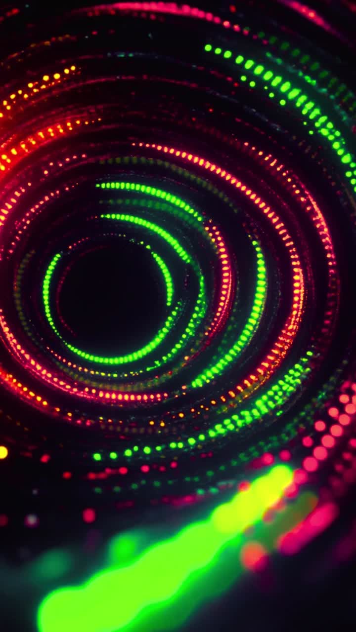 Tunnel dinamico di spirali di punti luminosi rossi e verdi