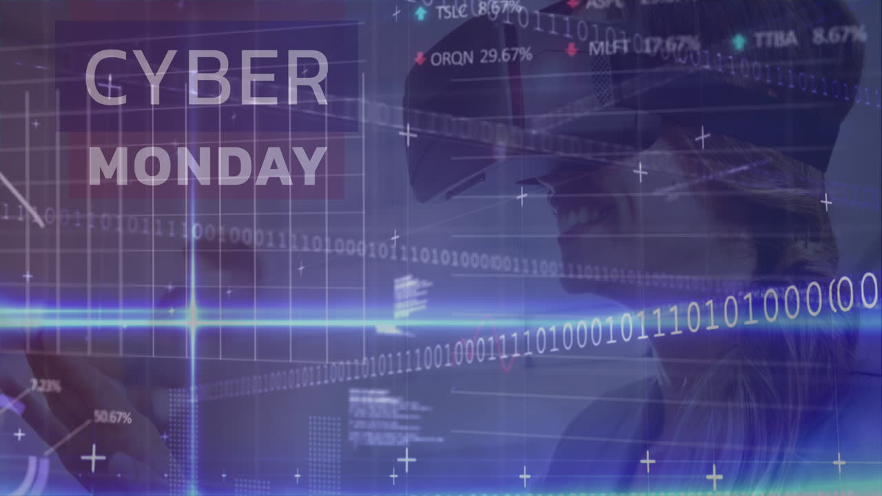 animazione di testo di cyber monday, codifica binaria, elaborazione dei dati su una donna che indossa un auricolare vr.