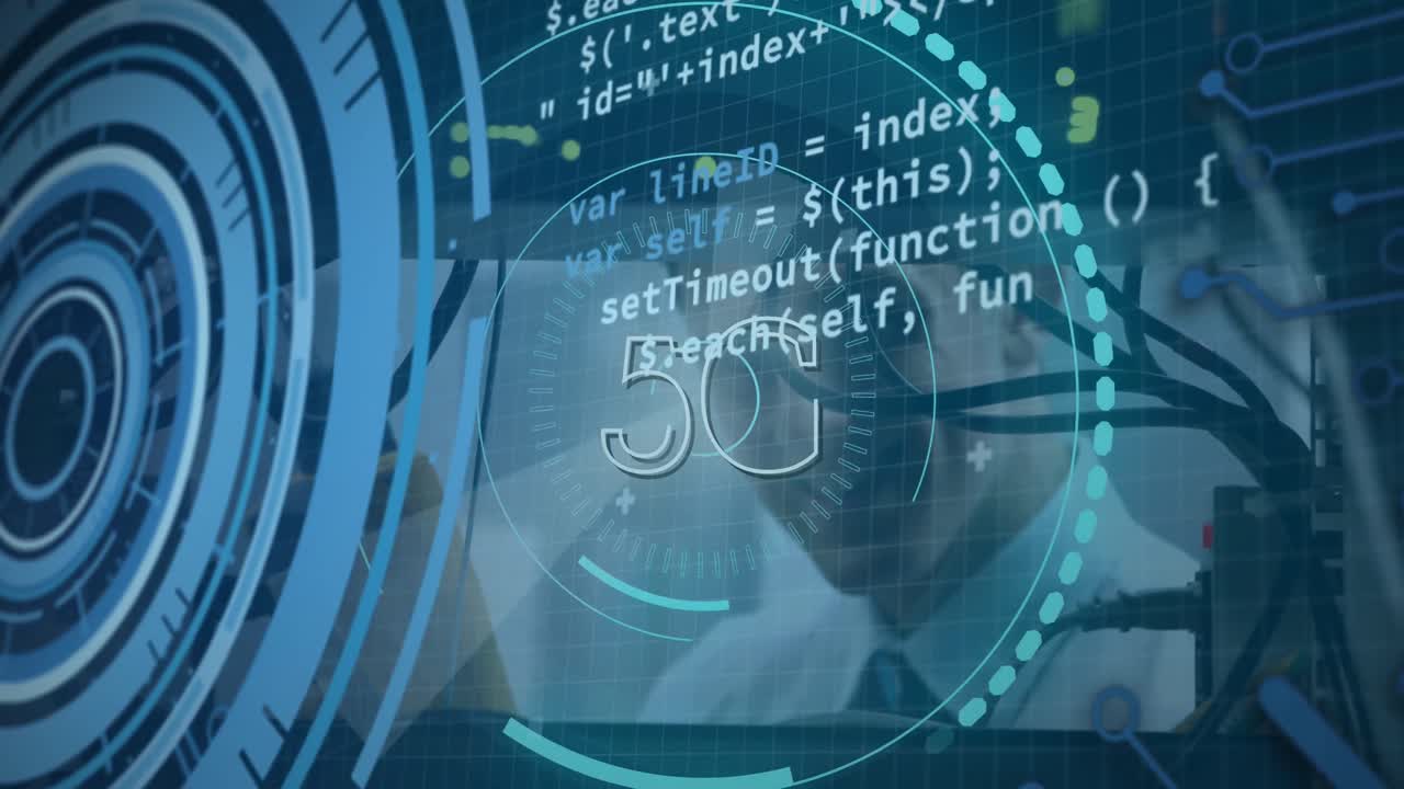 Animation of processing circle and binary code over hands of caucasian male doctor writing on clipbo