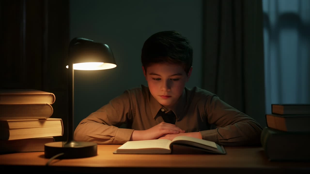 Boy Studying At Desk Under Lamp, Warm Lamplight Illuminating Open Book And Stacked Textbooks, Concentrated
