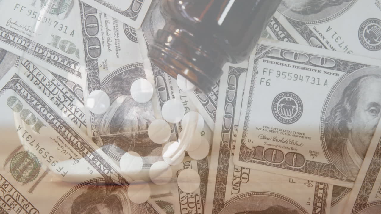 모래시계 위의 알약과 지폐의 애니메이션