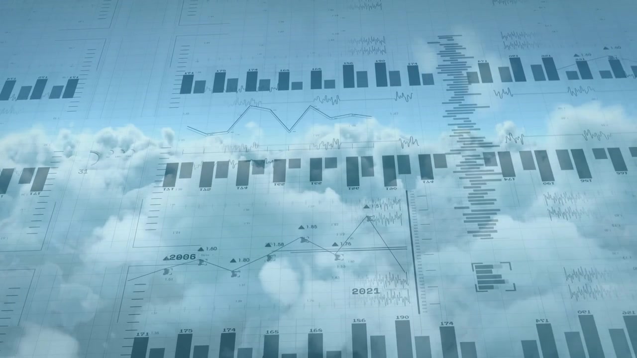 Opening with view over clouds, data visualizations fading and stacking to visualize data trends