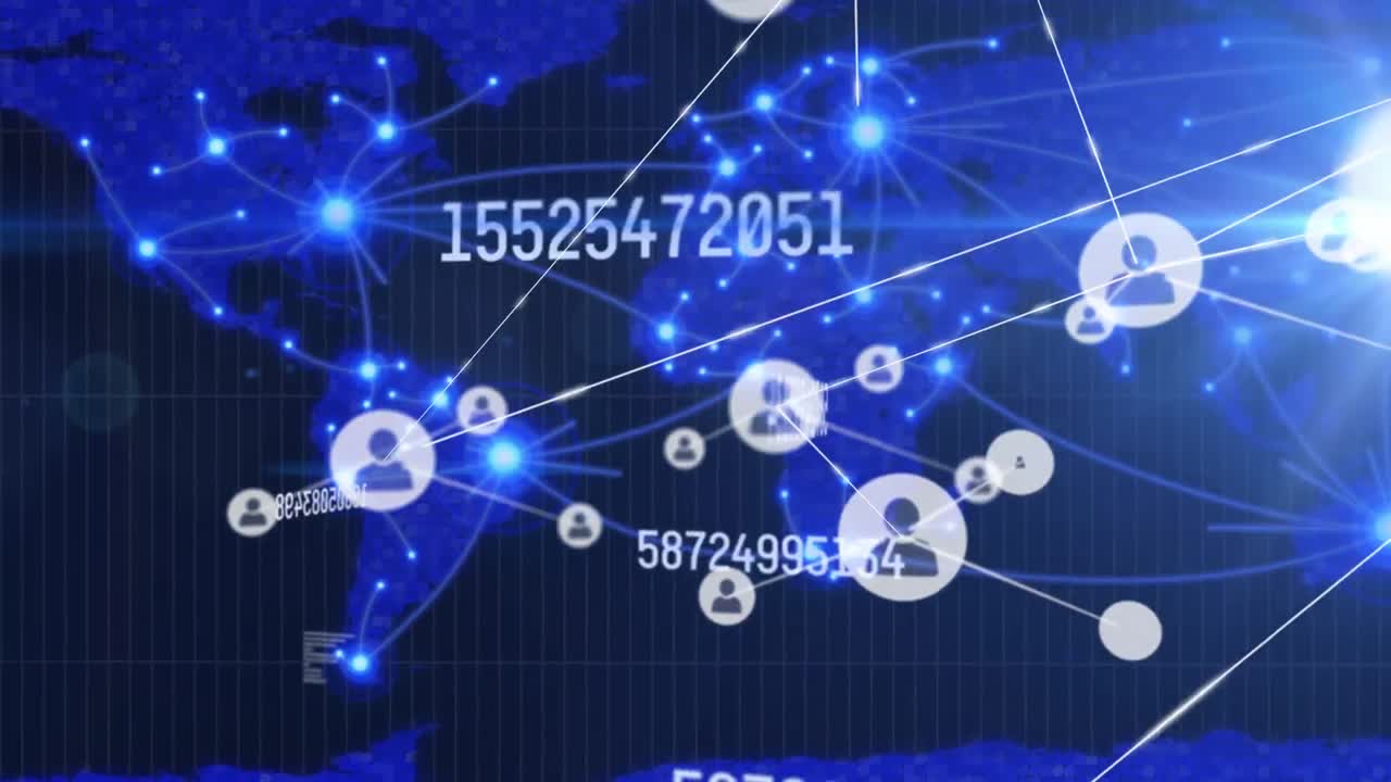 세계 지도를 가로지르는 연결 네트워크의 애니메이션