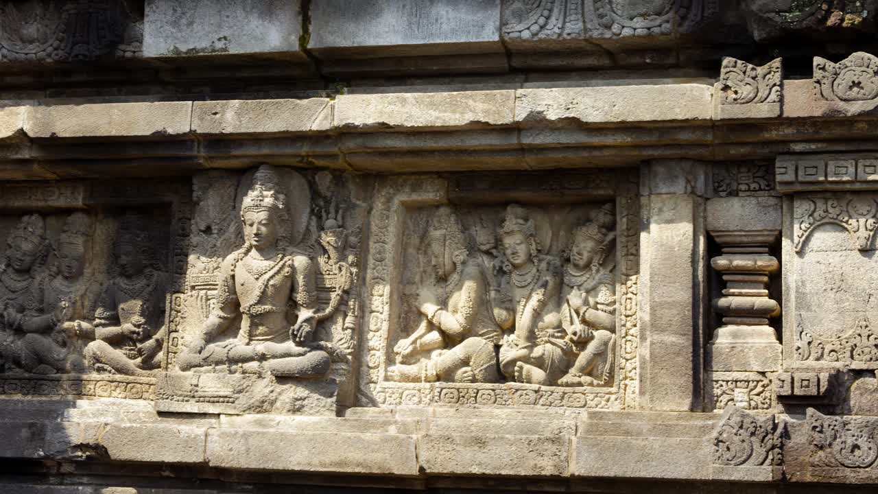 Panning View of Carvings and Statues at Prambanan Temple, Yogyakarta Indonesia