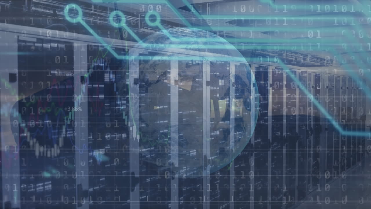 그래프, 이진 코드, 떨어지는 막대기 및 서버  및 기계에 대한 지구의 애니메이션