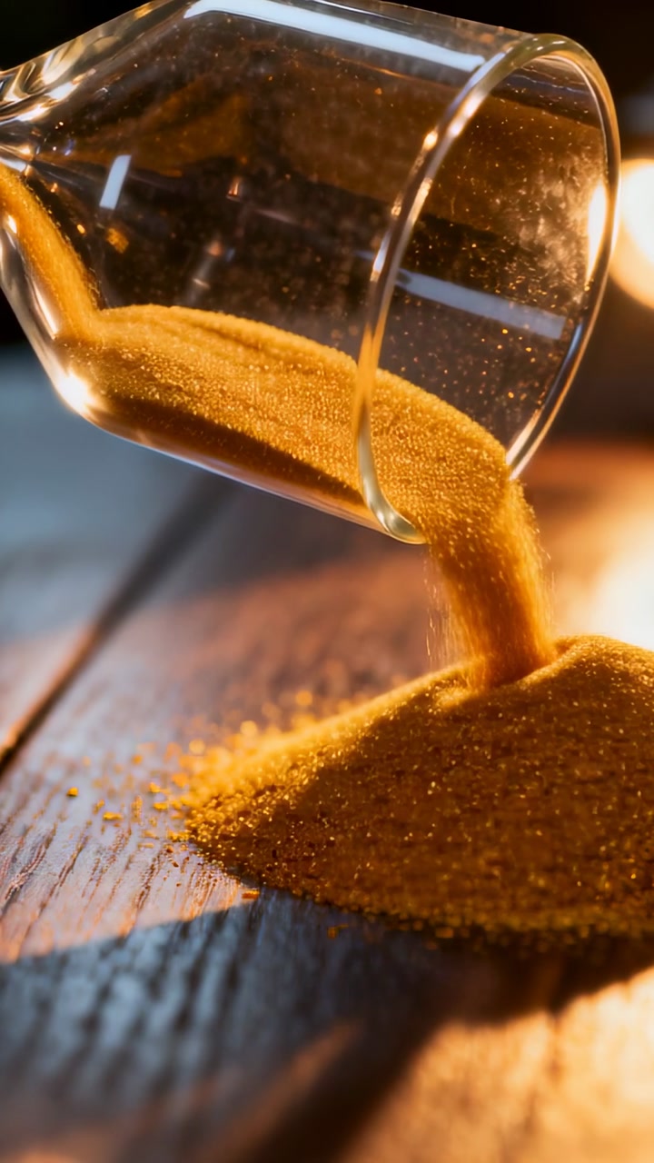 Vertical video: Tilting clear glass tumbler, pouring fine gold sand onto wood table, forming pile
