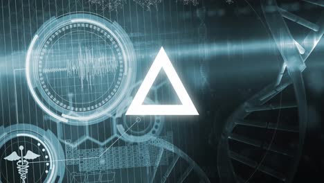 Animation of triangles and dna strand spinning with data processing