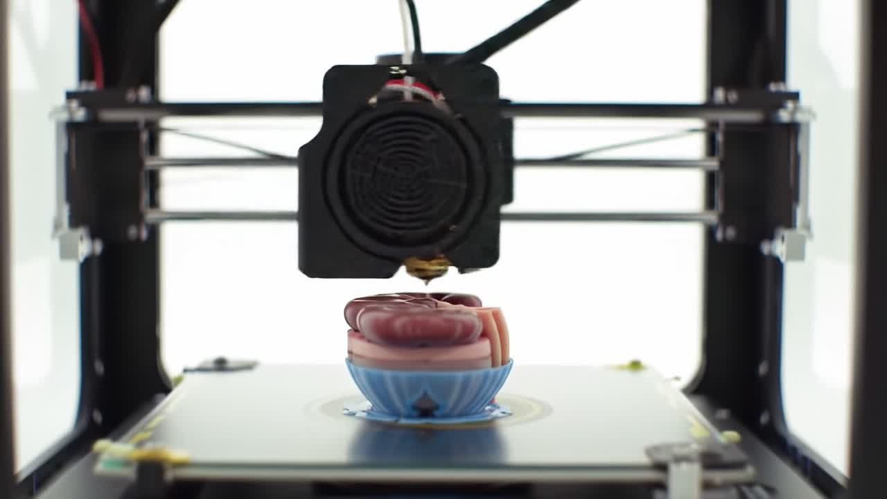 A high-precision 3D printer meticulously creates a detailed model in a colorful bowl, showcasing the innovation and creativity of modern manufacturing technology.