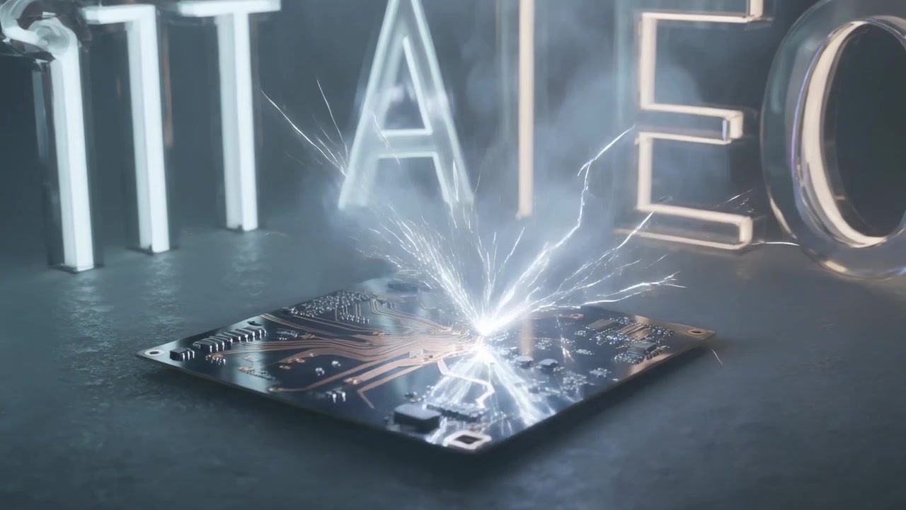 Sparking central component on PCB initiating arcs and smoke on dark table, backlit letters