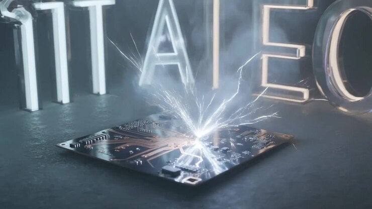 Sparking central component on PCB initiating arcs and smoke on dark table, backlit letters