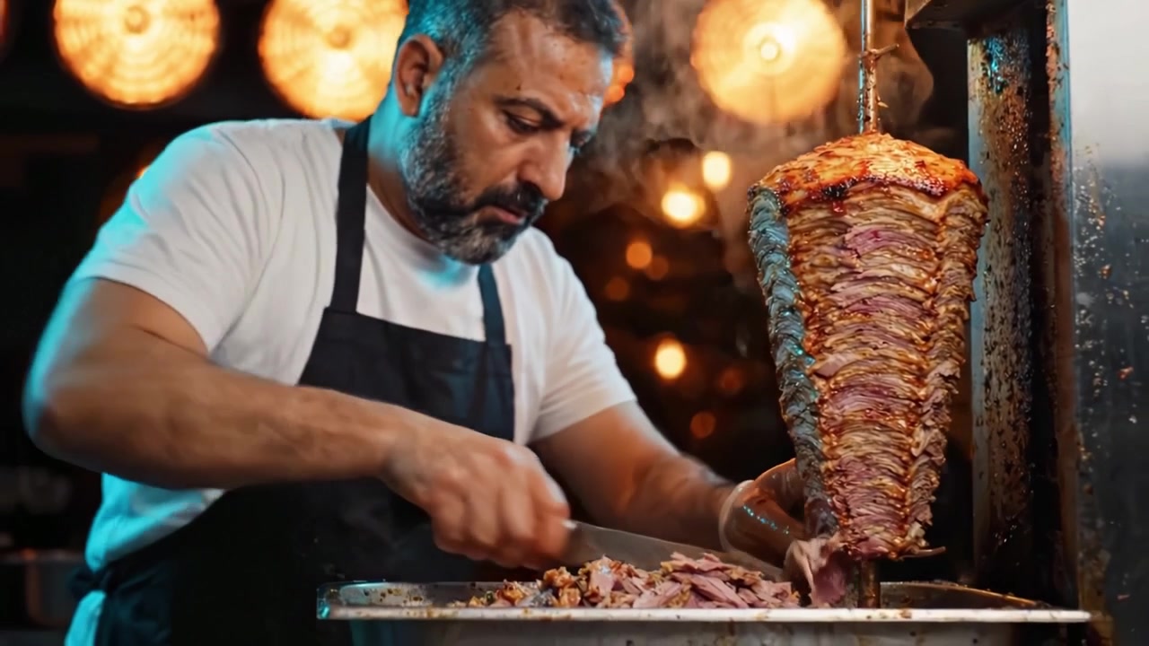 Hantverkskock skivar skickligt utsökt lagerkött från vertikal rotisserie, vilket framhäver kulinarisk expertis och smakrik street food-tradition
