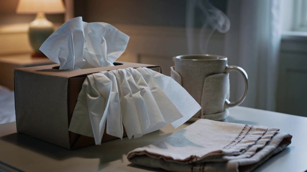 Displaying fanned tissues, tissue box reacting to rising mug steam on bedside table, napkin