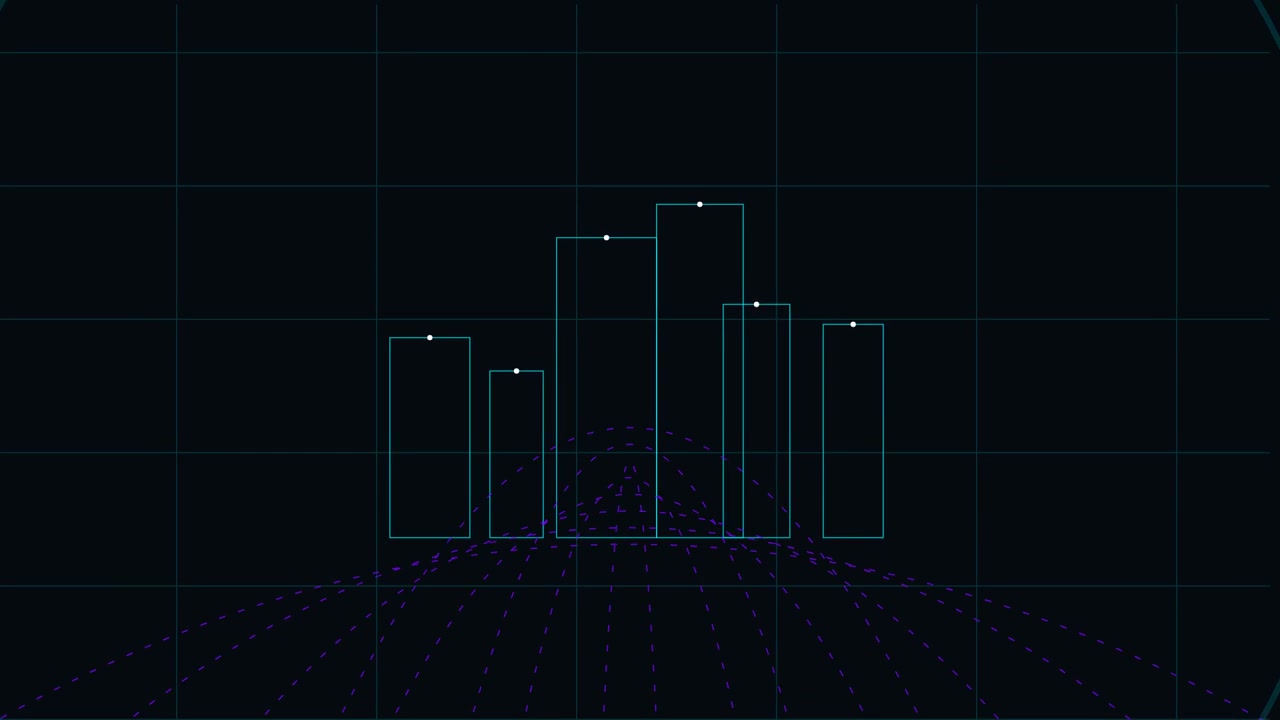 Digital Data Visualization Showing Bar Graph Growth on Dark Grid Background