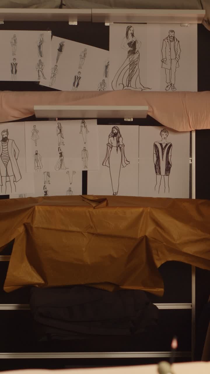 Vertical video Luxury fashion atelier with sketches