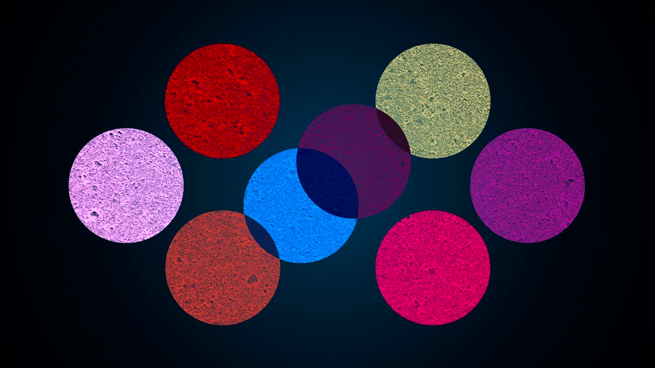Multiple shape circles, mixing of different colors, searchlight effect, 3d render background, computer generated