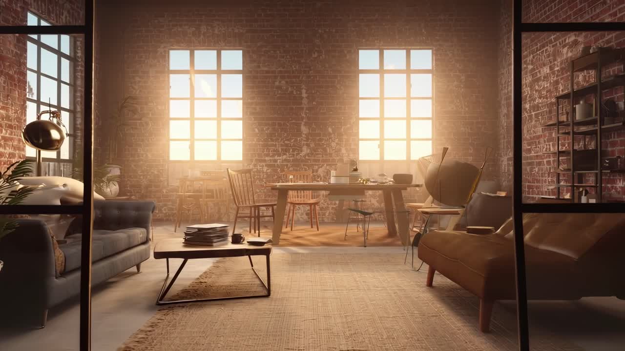 Loft-style living room with brick walls, shot from a low angle, perfect for a lifestyle video