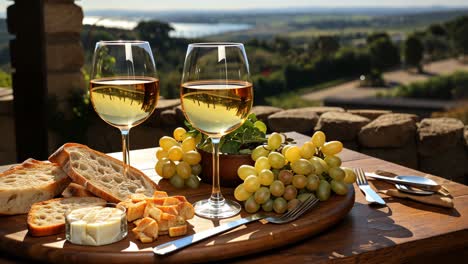 enjoying a tranquil afternoon with wine and cheese in the vineyard