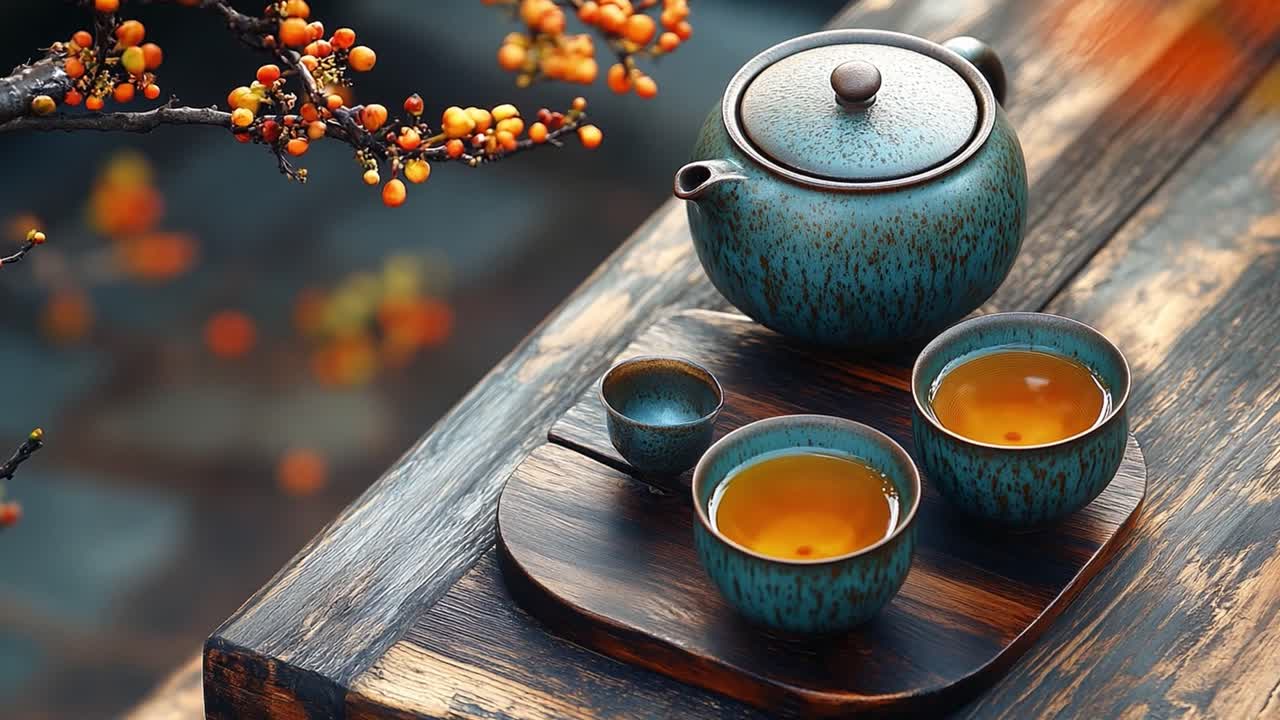 Still life of teapot and teacups