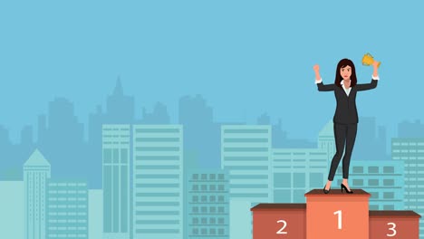 a cartoon version of a business woman leader shown on a podium with a trophy in hand and an urban or city background indicating business concept of success