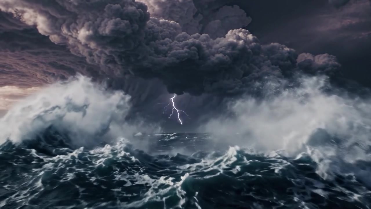 Una transformación dramática del océano y el cielo: sea testigo de la majestuosidad de las nubes oscuras y las aguas turbulentas mientras se unen en una impresionante exhibición del poder de la naturaleza.