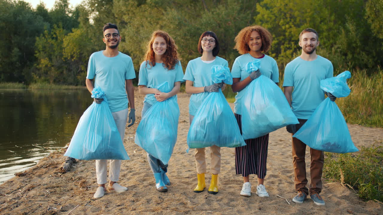 Community Volunteers Cleaning Up a Riverbank