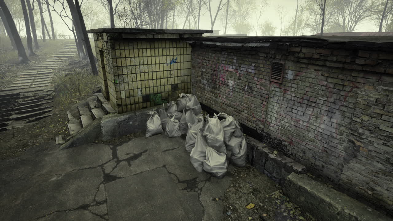 Urban decay showing neglected area with trash bags and cracked pavement