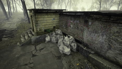 urban decay showing neglected area with trash bags and cracked pavement