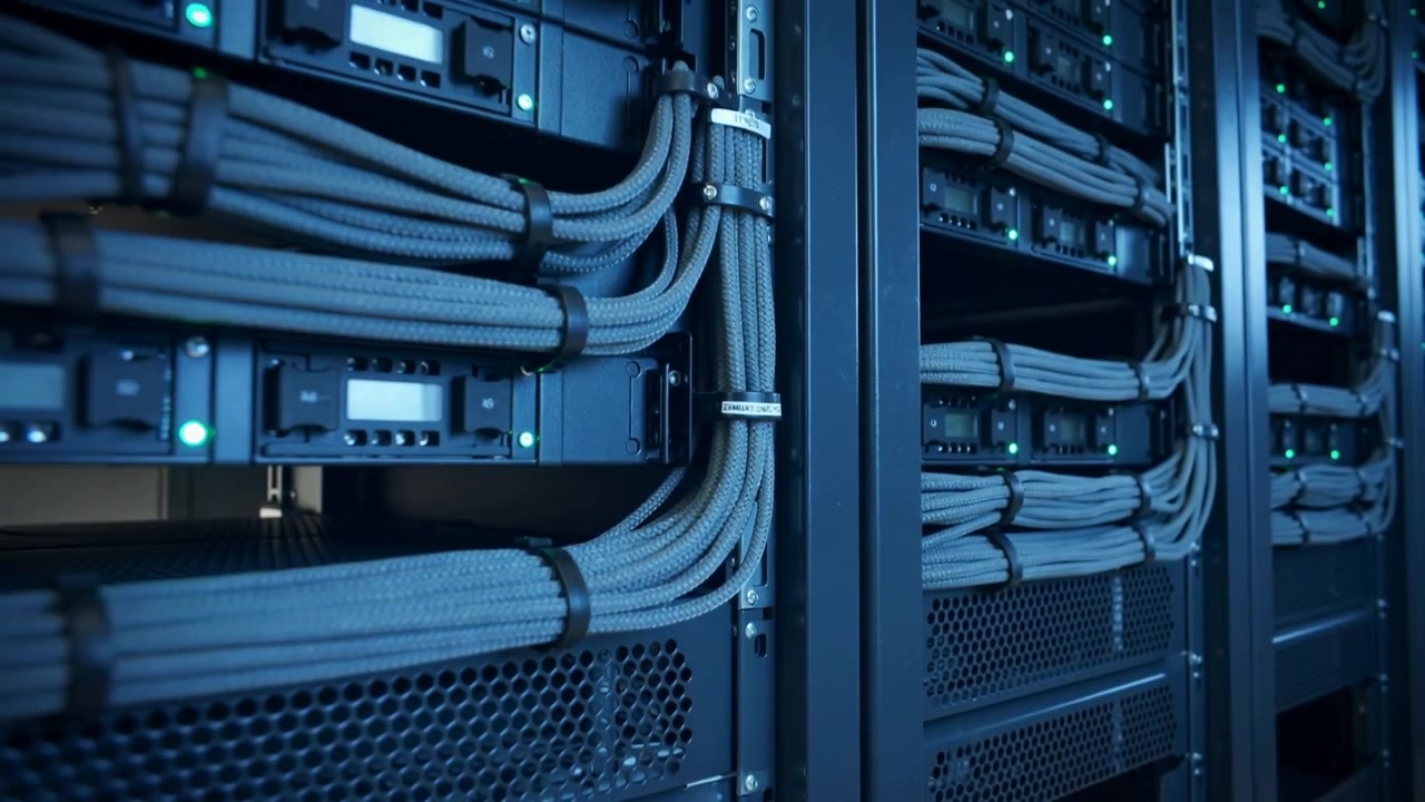 Camera pulling back revealing braided cable bundle in data center showing routing, label clip, ties