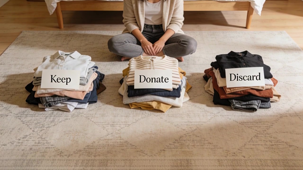 Donna adulta in cardigan che smista vestiti ai piedi del letto, vedendo pile etichettate 'Tieni', 'Dona', 'Getta'.