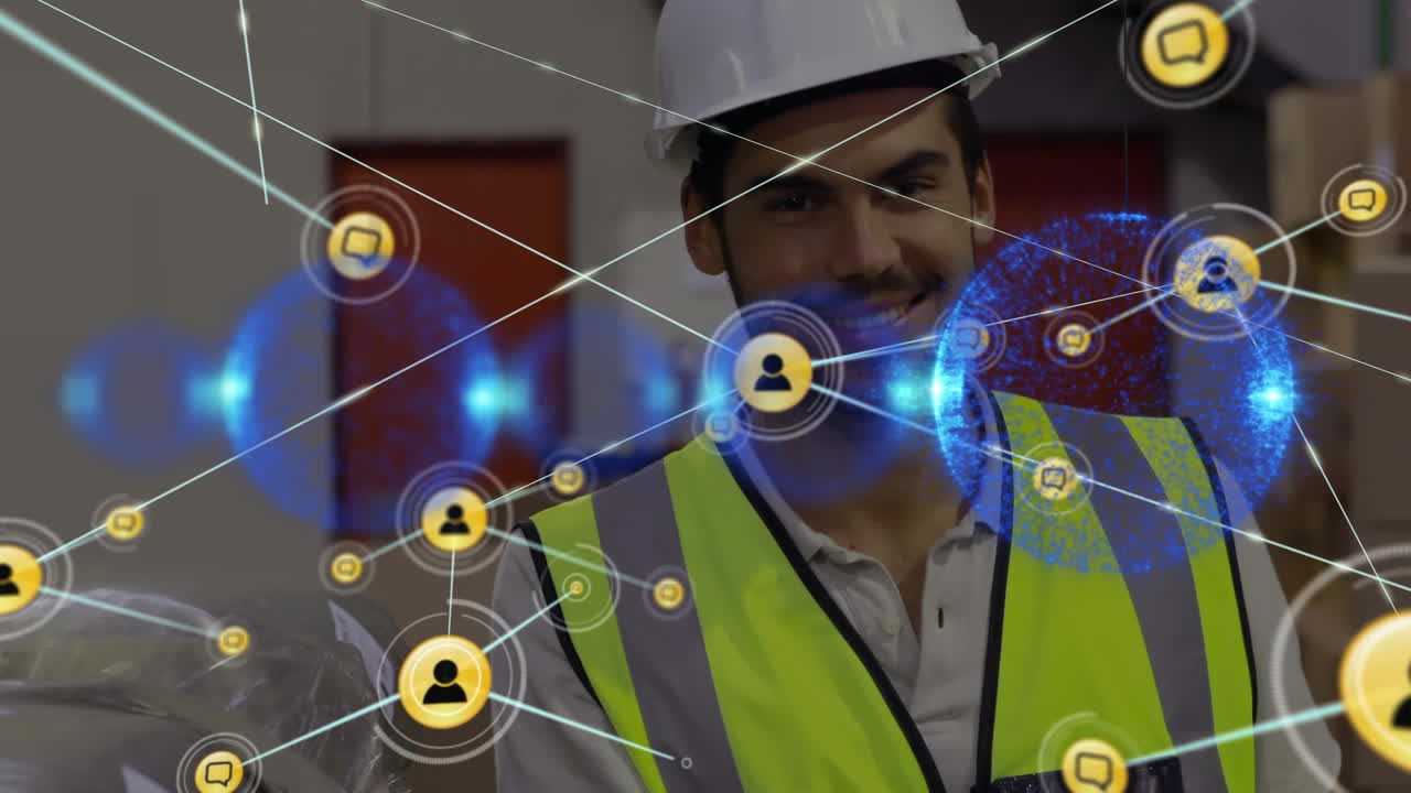 animación de la red de conexiones sobre el trabajador de almacén caucásico masculino.