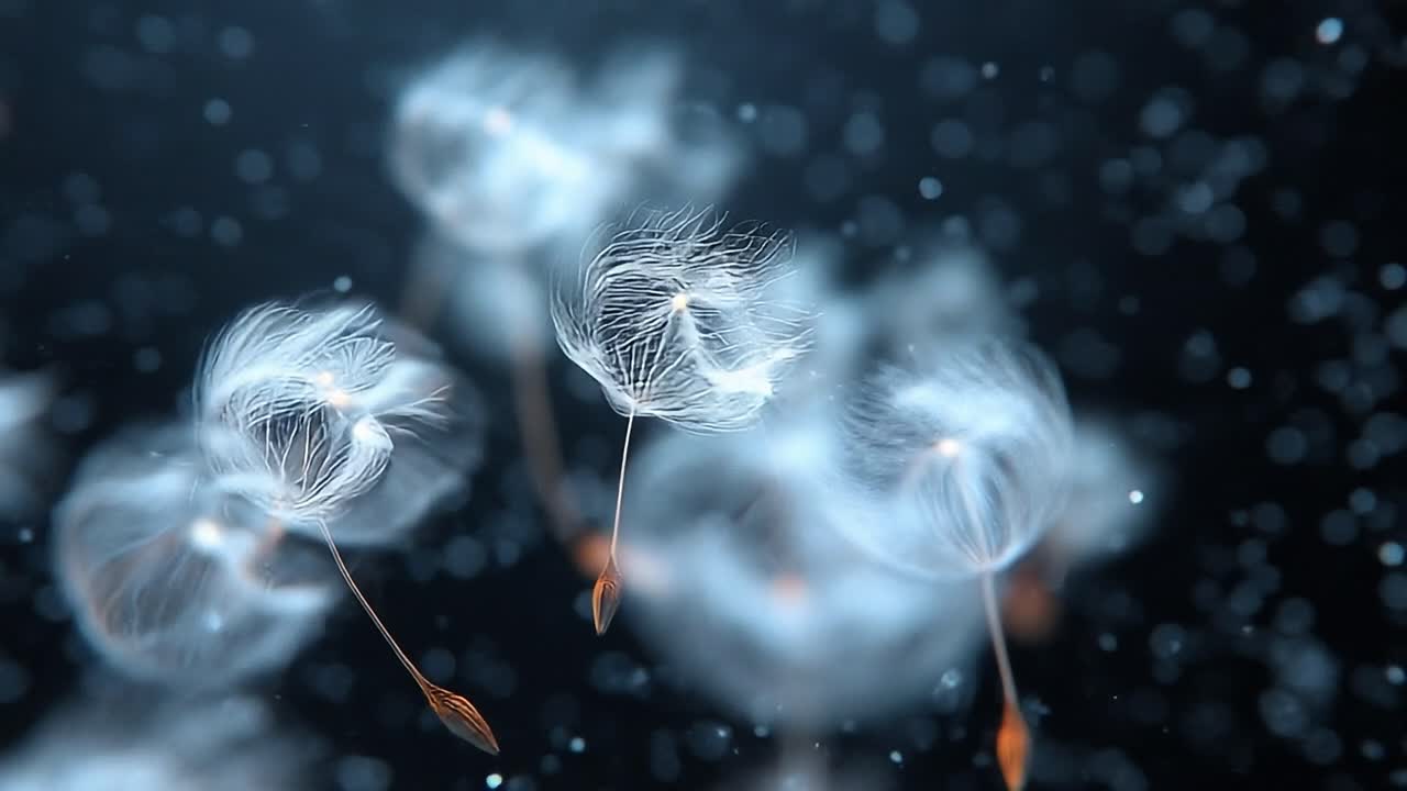 Dandelion seeds floating in the air. Delicate dandelion seeds drift gently through the air, illuminated against a soft, blurred background.
