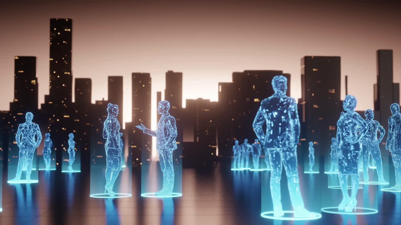 blue people hologram style, work and communication in futuristic city, orange sky