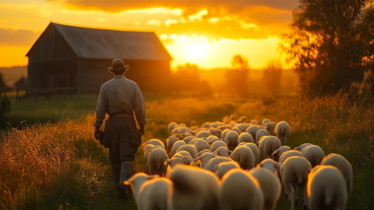 Shepherd leads sheep back to barn at sunset on a farm in rural area