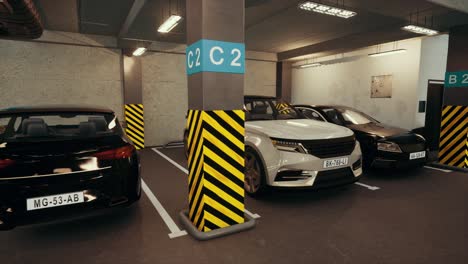 underground parking with cars. modern underground parking. indoor full modern parking