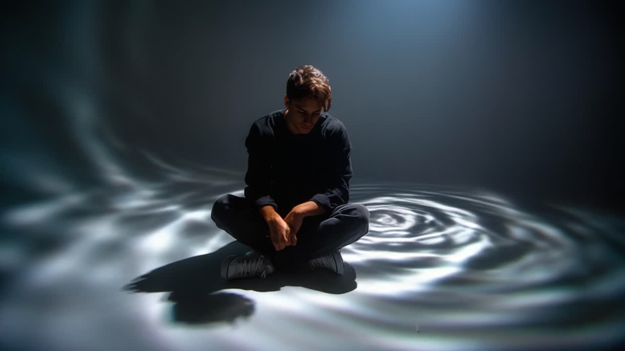 Un momento de reflexión capturado en el tiempo, mientras una figura se sienta en tranquila contemplación entre remolinos de luz y sombra, evocando pensamientos de introspección y serenidad.