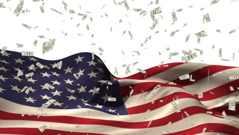 animation of american dollar bills falling over american flag