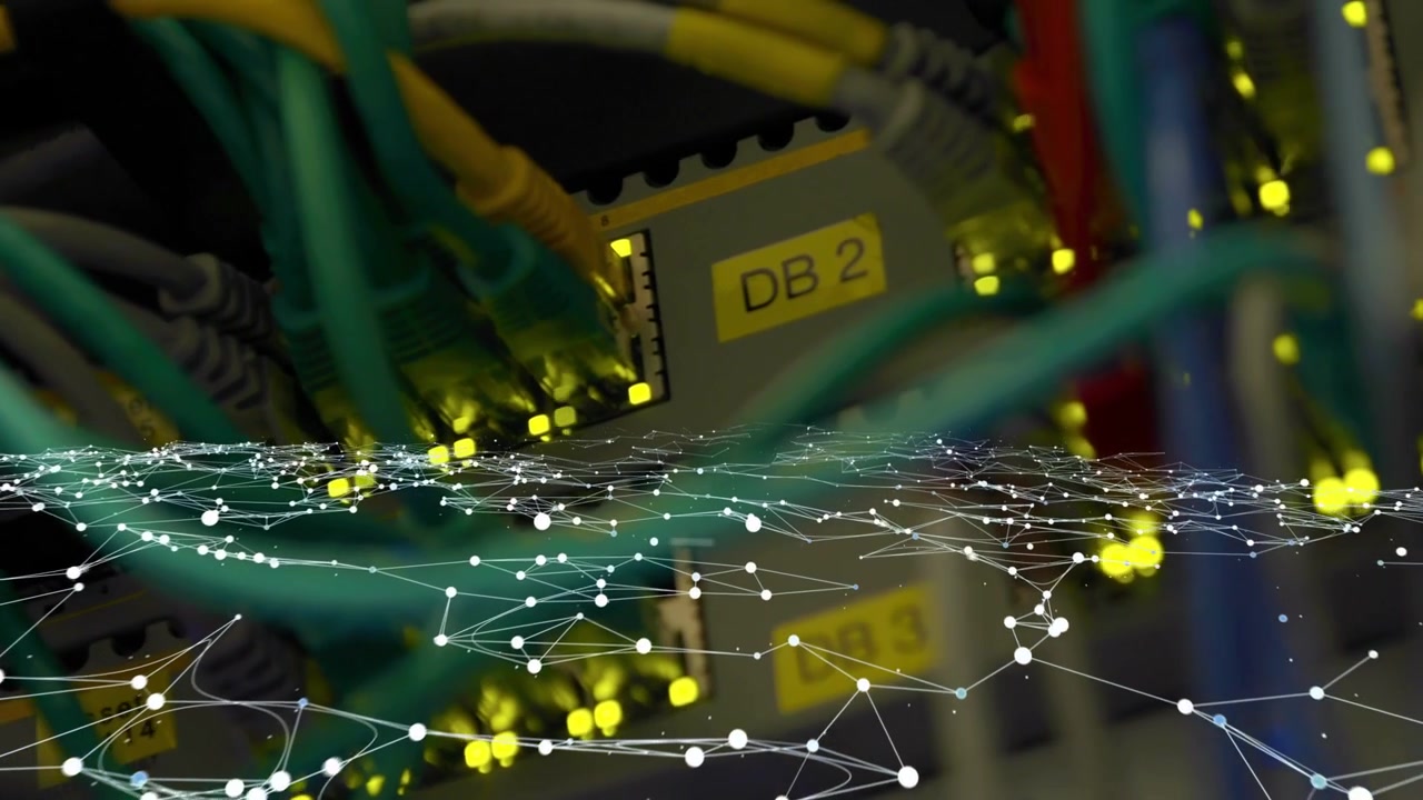 Data-visualization appearing triggers mesh moving forward, cables and DB 2 showing network activity