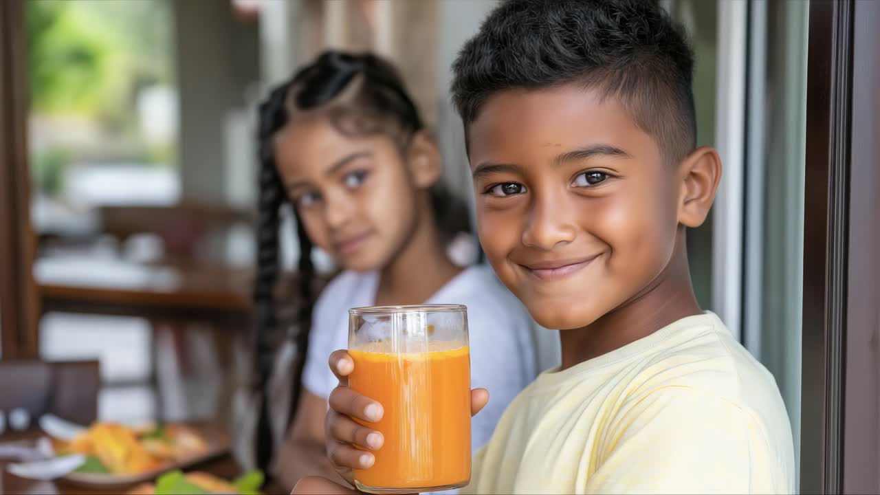 Young boy joyfully holds a glass of orange juice, while a girl in the background smiles, creating a warm atmosphere of friendship and shared moments in a vibrant setting