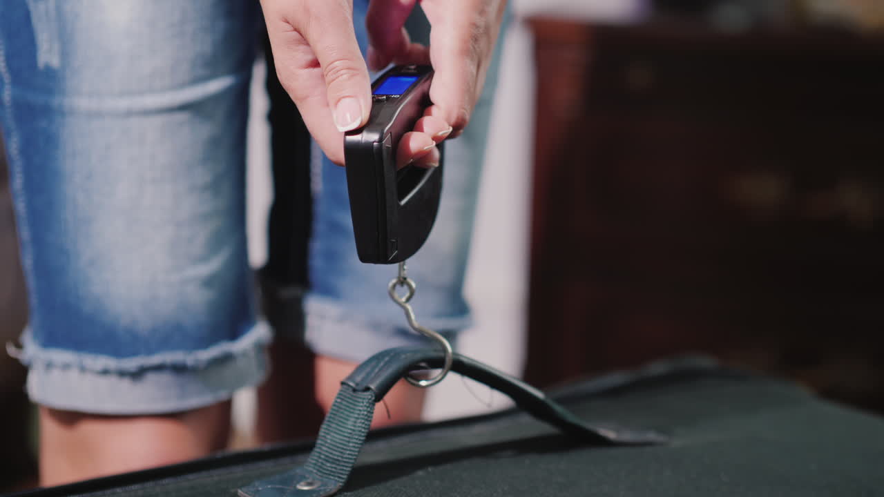 비행 전에 그녀의 여행 가방 무게를 재는 여자